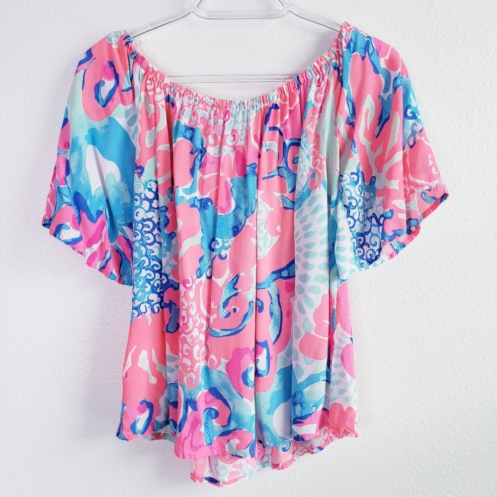 Lilly Pulitzer Sain Off The Sholder Top In Coral Reef I'm So Jelly - Picture 6 of 8